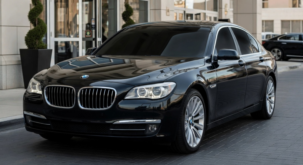 Luxury limousine fleet vehicles parked at Oakland limousine service facility